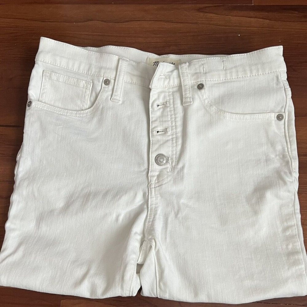 Madewell Women's Mid-Rise Skinny Crop White Jeans Button Front Raw Hem sz 28